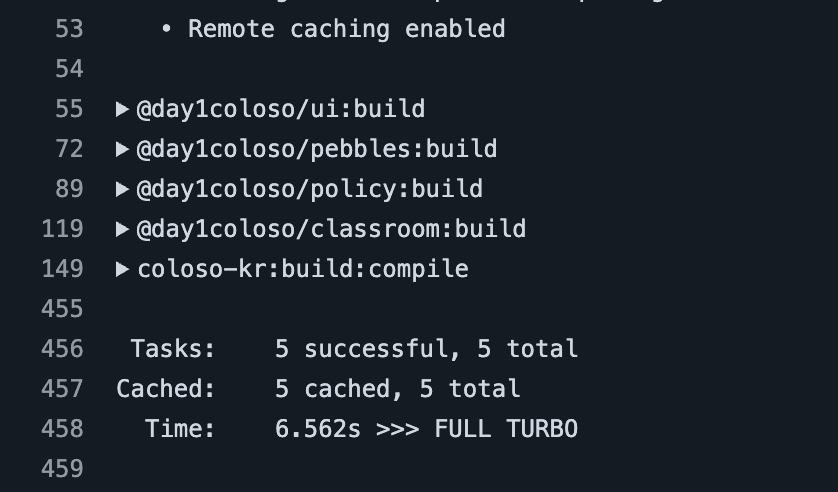 Remote Cache 적용 후 — 5 cached, FULL TURBO 6.5초